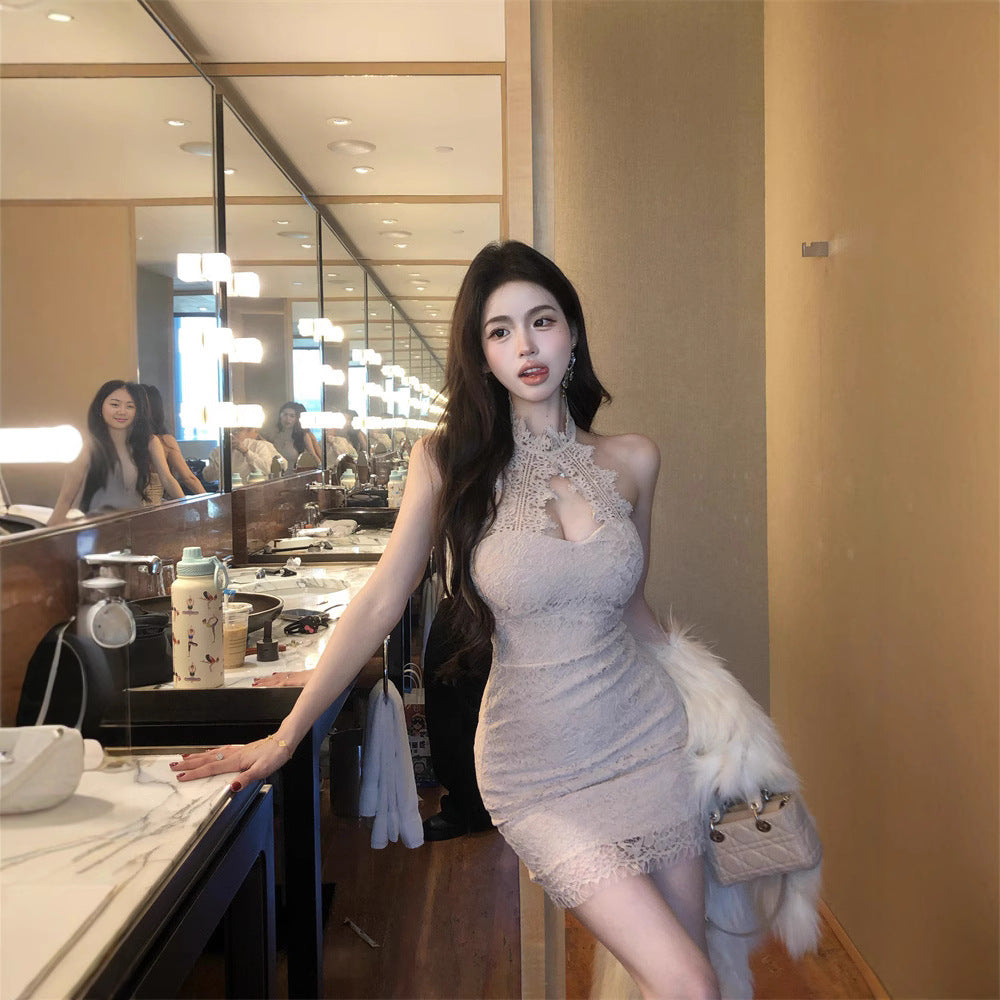 2025 Nightclub women's clothing summer new Spice Girl neck sleeveless vest slim and thin hip-wrapped lace dress short