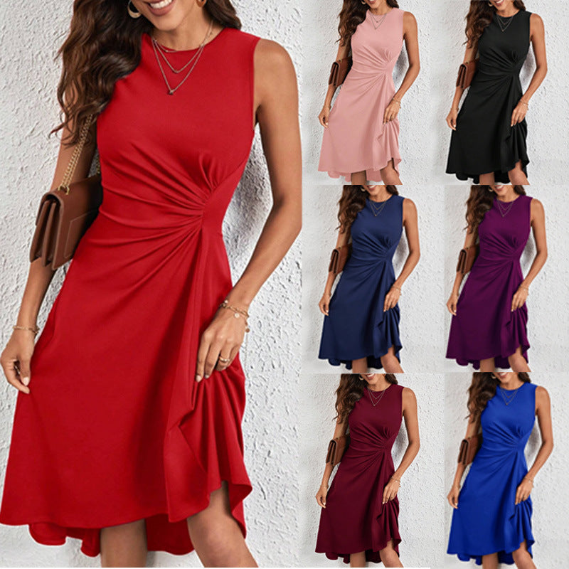 2025 summer, Popular, , New women's clothing summer new fashion sleeveless solid color A word crumpled dress