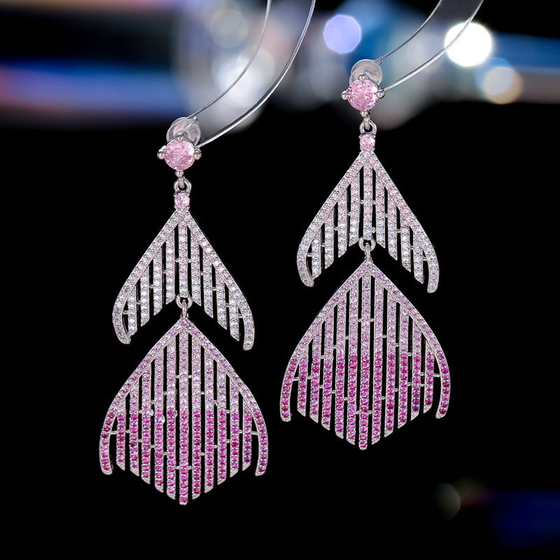 2025 fashion fishtail fringed earrings s925 silver needle personality exaggerated gradual change micro zircon super flash dinner earrings
