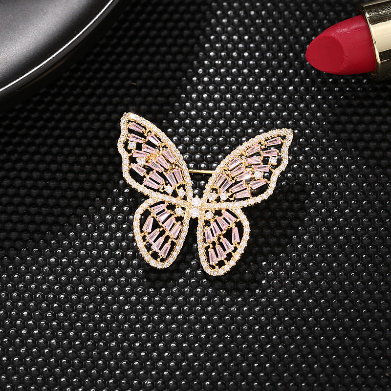 2025 Niche design sense Korean version fashion suit fixed cardigan pin silk scarf buckle hollow zircon inlaid butterfly brooch
