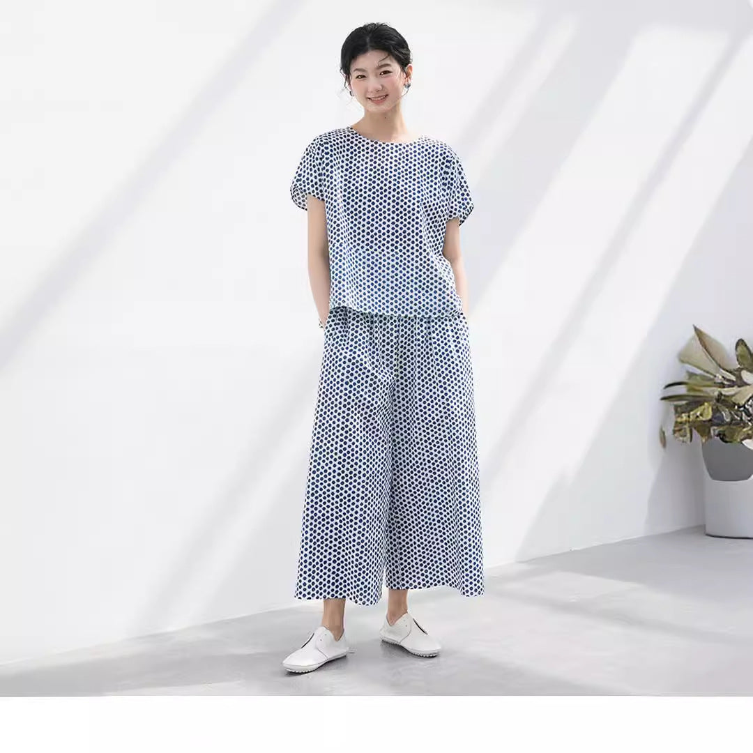 2025 popular cotton printing salt shrinkage white background blue dot summer thin top A0540 pants A0541 set casual