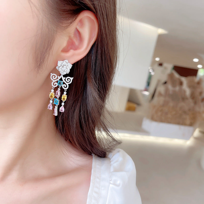 2025 Light luxury high-end dress banquet bride earrings camellia hollow butterfly pattern zircon water drop fringed earrings
