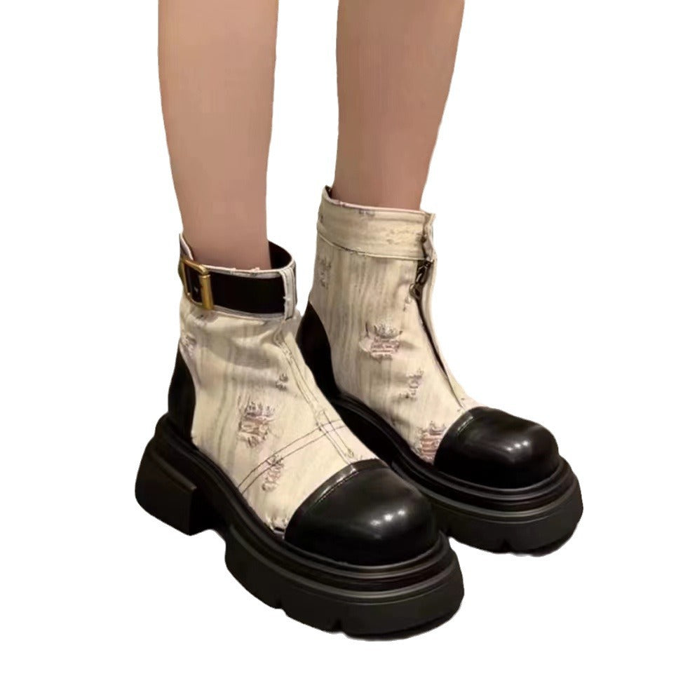 jinran shoes Martin Boots for Women 2024 Spring and Autumn New Distressed Thick Bottom Denim Motorcycle Single Boots Short Boots Tooling Short Boots