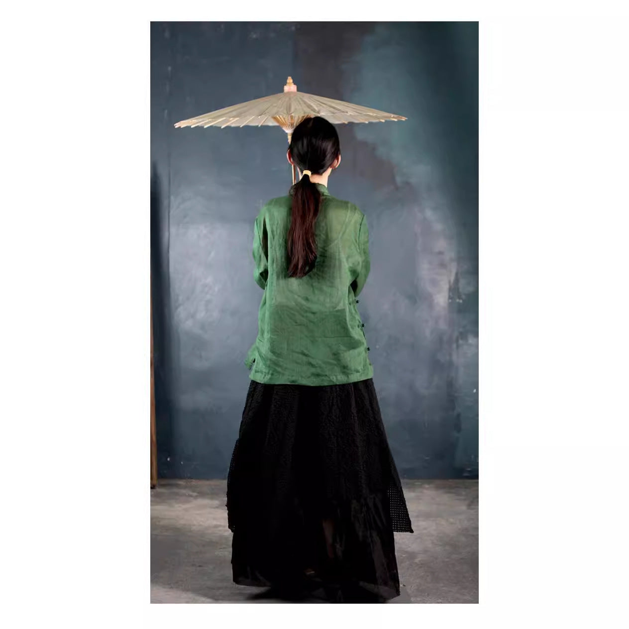 2025 Shan Zizai original, summer and autumn thin pure ramie, diagonal stand-up collar retro literary green shirt 210616