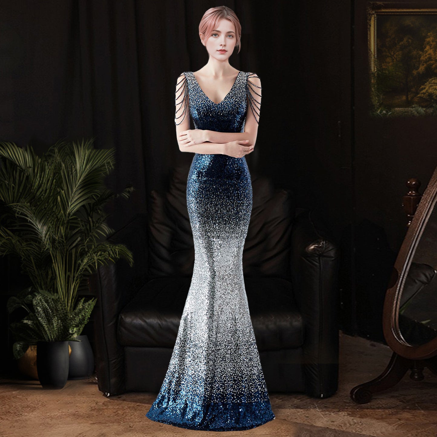 2025 Evening dress women's light luxury dinner dress temperament celebrity banquet high-end sequins fishtail long dress
