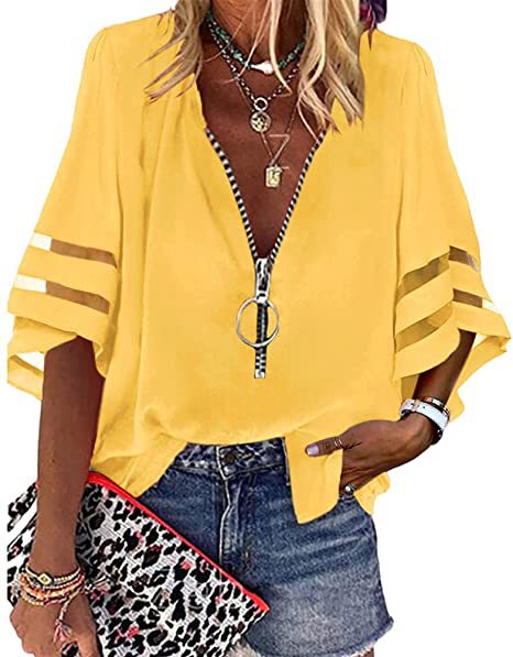 2025 Popular, , 's new V-neck zipper shirt, half-flared sleeve grid splicing, loose casual shirt women
