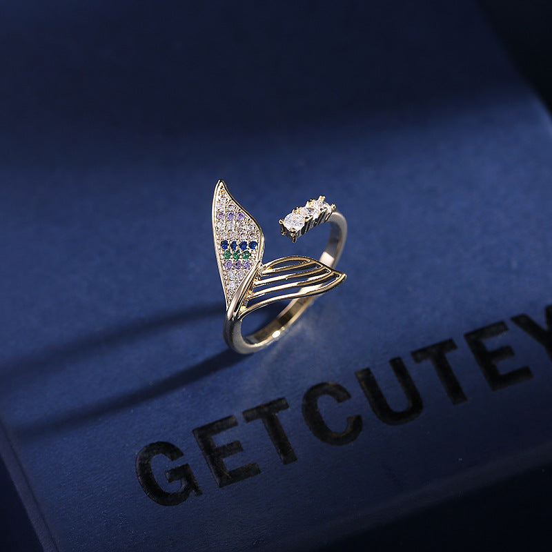 2025 Niche creative design fashionable personalized ring, slightly inlaid zircon opening adjustable index finger ring, mermaid tail ring