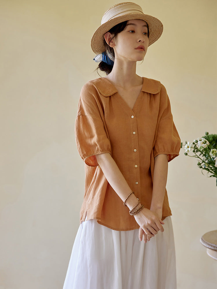 2025 Hand embroidered doll collar linen shirt top blouse popular summer 221235