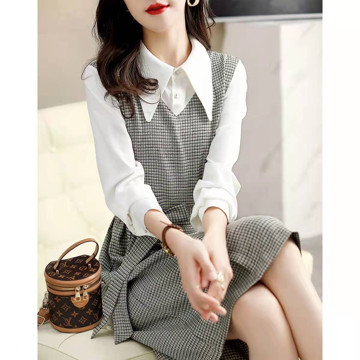 jinran business casual outfits for women Autumn New Commuter Elegant Socialite Age-Reducing Stitching Fake Two Pieces Dress Women