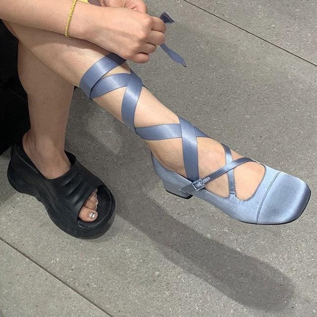 2025 Xiao Qiao same strap satin ballet shoes women's thick heel princess single shoes fairy style Mary Jane women's shoes