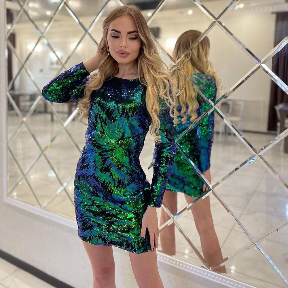 2025 New summer new 2025 women's clothing sexy fashion multi-color sequin dress hip wrap nightclub dress short skirt