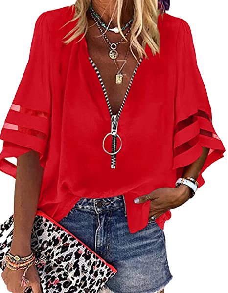 2025 Popular, , 's new V-neck zipper shirt, half-flared sleeve grid splicing, loose casual shirt women