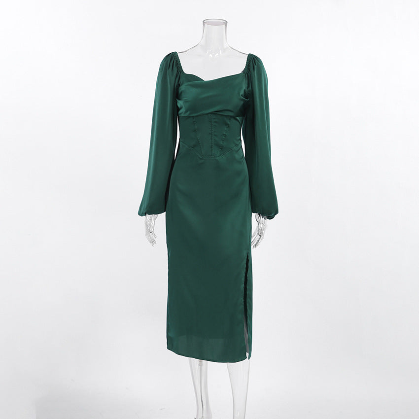 2025 slim-fitting square-neck bubble-sleeved dress, satin temperament, medium and long skirt, lace-up, split A-shaped skirt, women's clothing