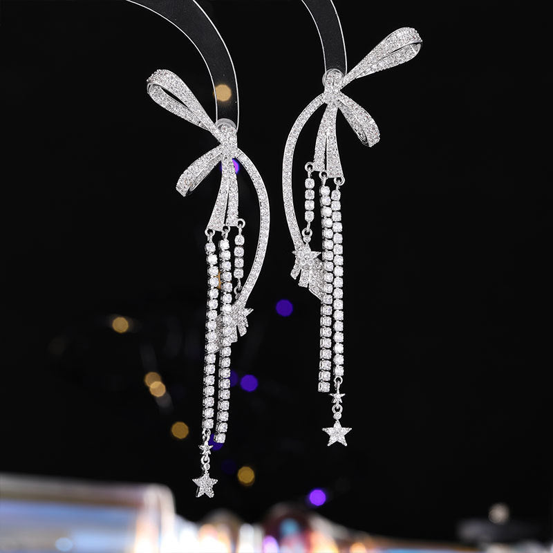 2025 Diamond bow tassel earrings for women luxury long earrings personality exaggerated atmosphere heavy earrings wholesale
