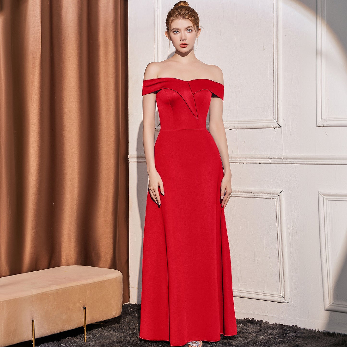 2025 Evening dress dress women's high-end temperament simple high-end sense celebrity banquet one-word shoulder thin pendant long dress
