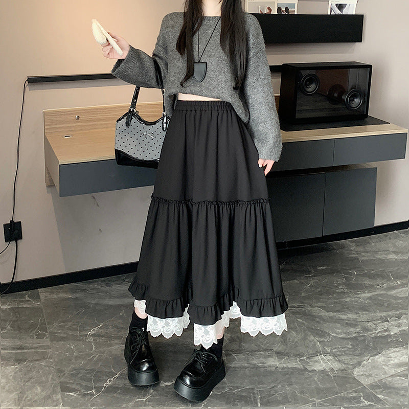 2025 Splicing contrasting color skirt new large size fat MM lace contrasting color and thin covering cross a-word skirt casual umbrella skirt