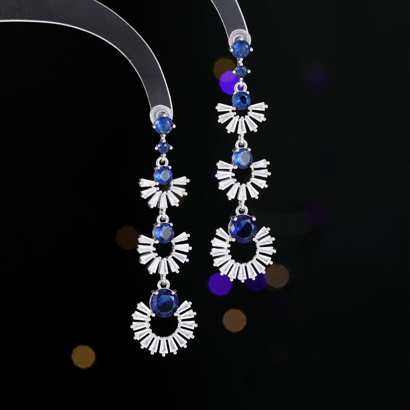 2025 Cross-border Korean earrings for women light luxury colored zirconium retro 925 silver earrings round face slim long geometric fan-shaped earrings