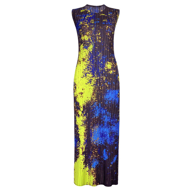 2025 summer new thin starry sky printing dress women's sleeveless temperament elegant medium and long a-word skirt Miyake