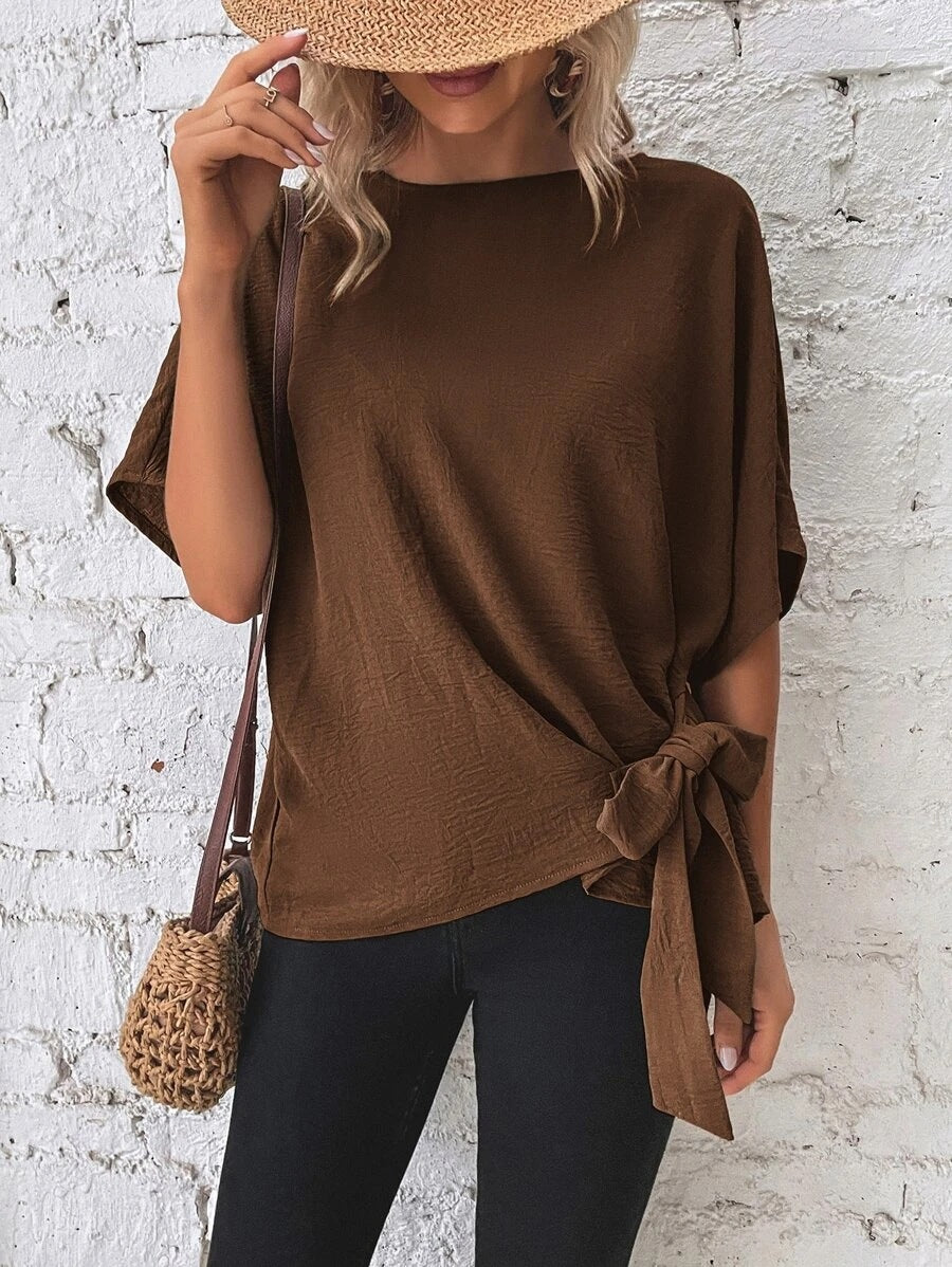 2025 Popular, , New women's clothing summer new solid color bat wing sleeves hem knotted loose t-top