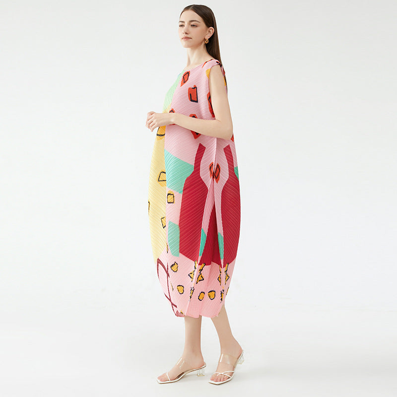 2025 summer new elegant style women's clothing pullover sleeveless round neck printing and dyeing pleated umbrella dress women