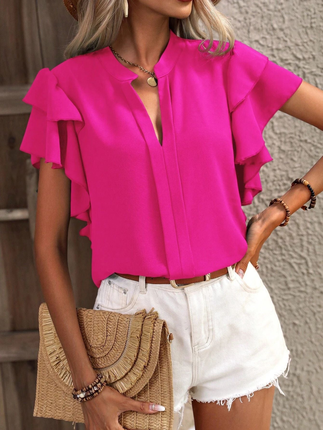 2025 Popular, , New women's clothing summer new V-neck casual double-layer lotus leaf sleeves solid color shirt and top