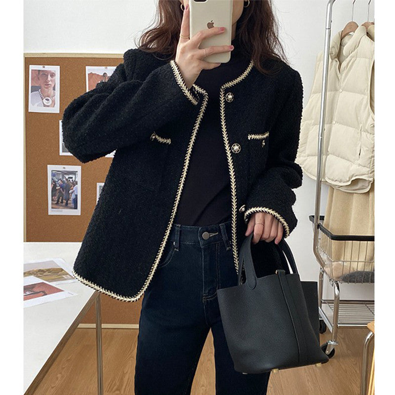 Large size black fragrant jacket for women 2025 spring, autumn and winter new high-end sense and thin temperament front shoulder top for women