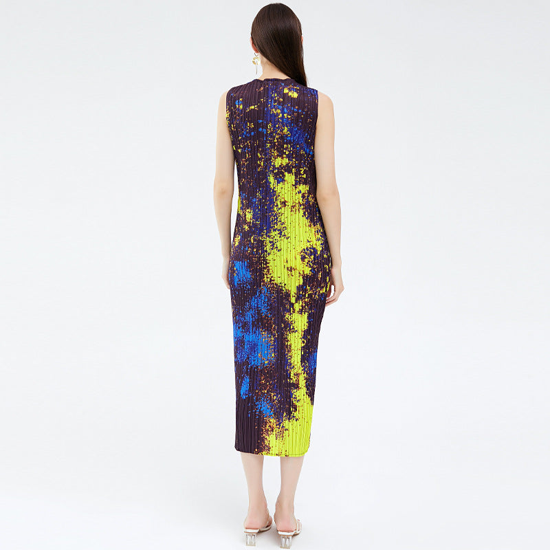 2025 summer new thin starry sky printing dress women's sleeveless temperament elegant medium and long a-word skirt Miyake