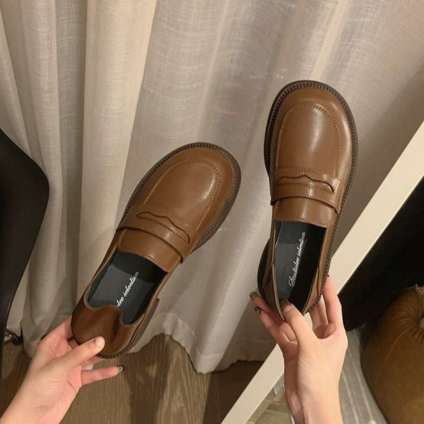 2025 Cowhide version~ Autumn and winter British style versatile and comfortable large size platform small leather shoes thick heel British style loafers women's shoes