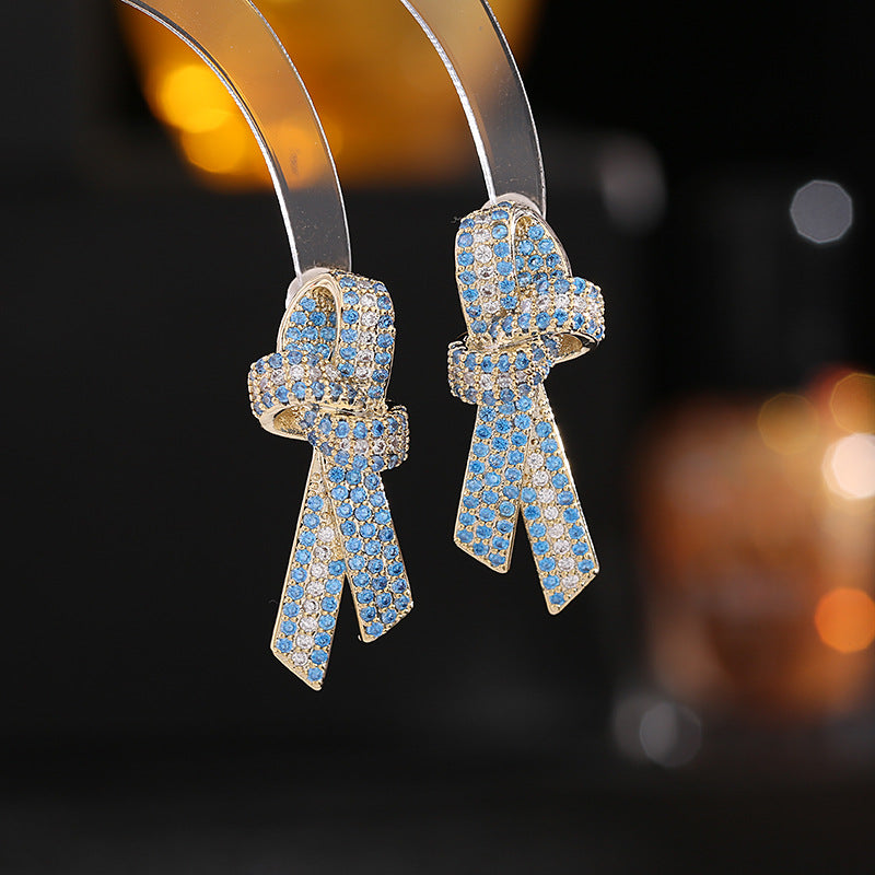 2025 s925 silver needle fashion commuter earrings wholesale high-grade earrings zircon inlaid three-dimensional ribbon bow earrings