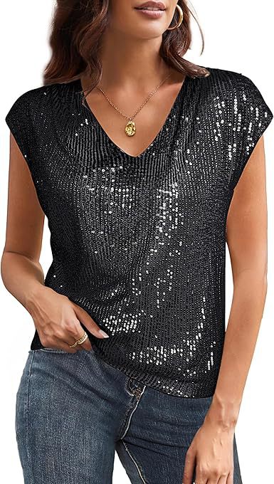 2025 spring and autumn new New shoulder sleeves sequined slim V-neck solid color top T-shirt women