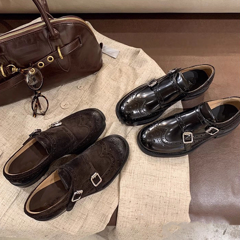 2025 Cowhide version~ Su Yinyin same miu engraved buckle with thick heel temperament versatile Oxford loafer single shoes women's small leather shoes