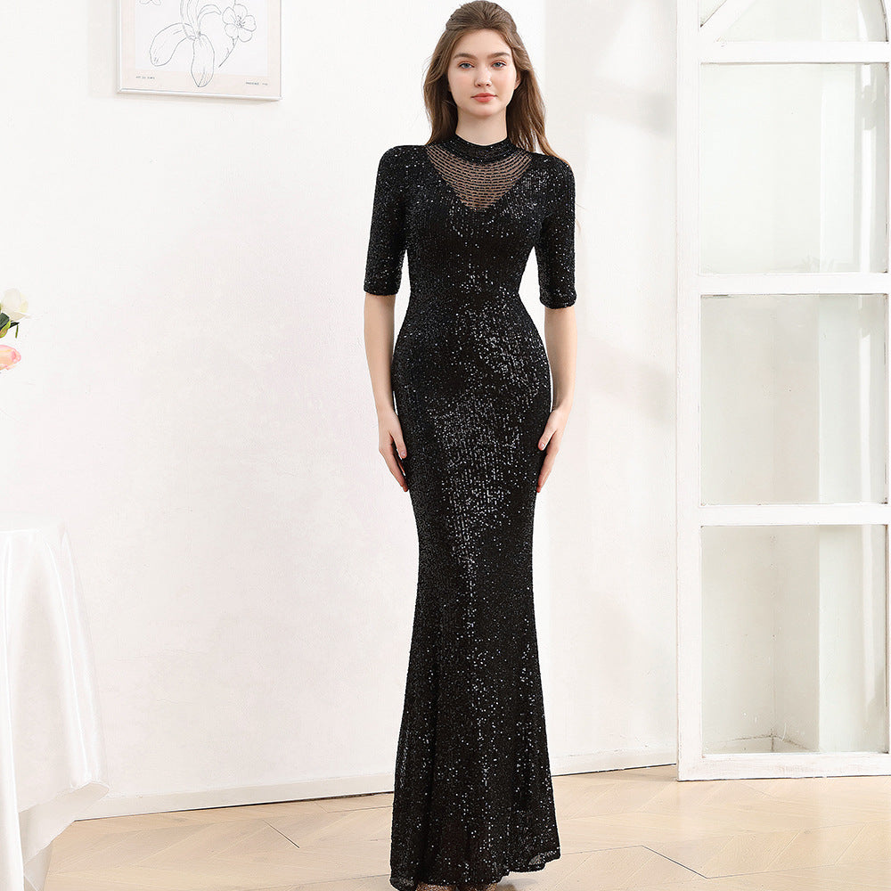 2025 Evening dress women's new high-end temperament socialite banquet host sequined long fishtail dress