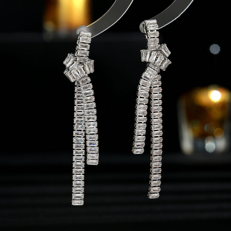 2025 New light luxury style high-end earrings rectangular zircon inlaid creative design knotted long tassel earrings