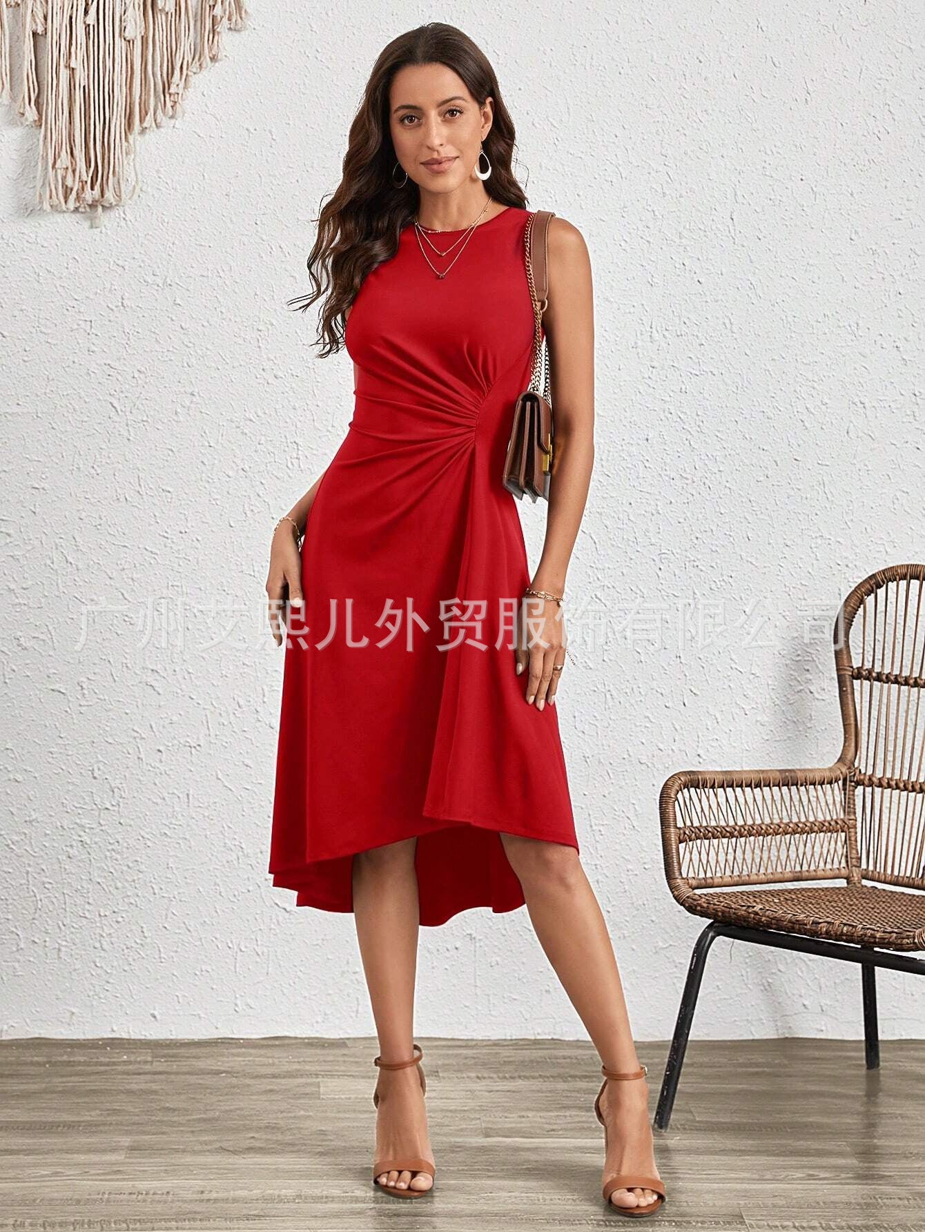 2025 summer, Popular, , New women's clothing summer new fashion sleeveless solid color A word crumpled dress