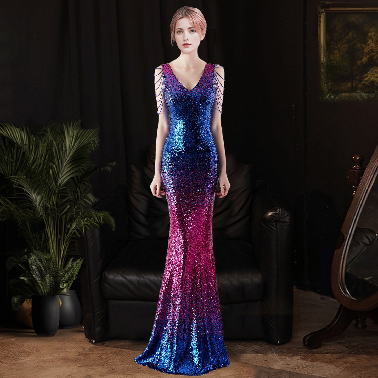 2025 Evening dress dress women's high-end banquet temperament simple Hepburn style company annual meeting host sequined long dress
