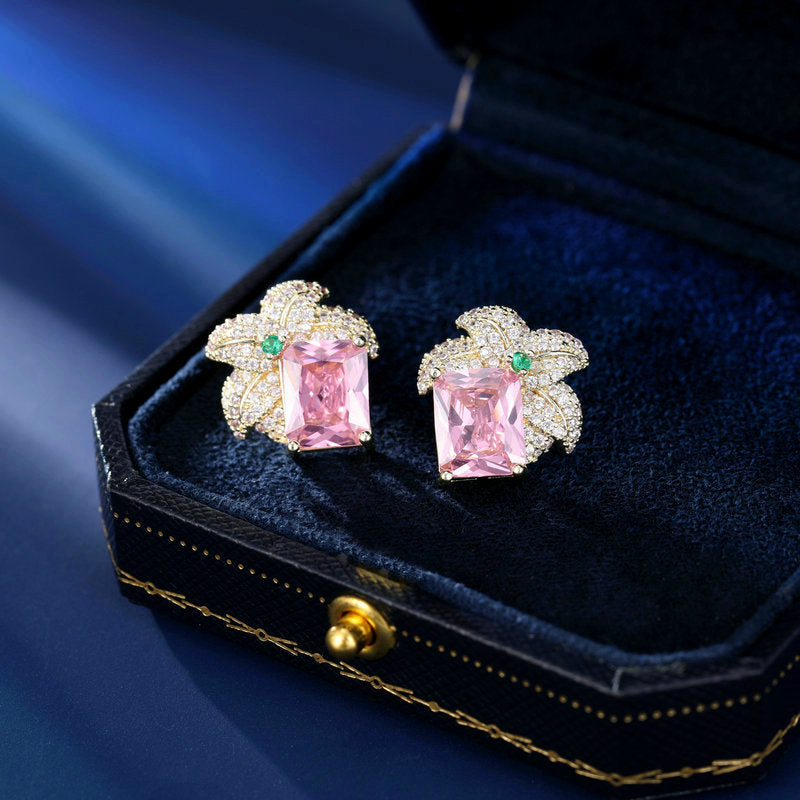 2025 Light luxury high-end earrings women's s925 silver needle temperament elegant fashion micro-inlaid zircon niche leaf square stud earrings