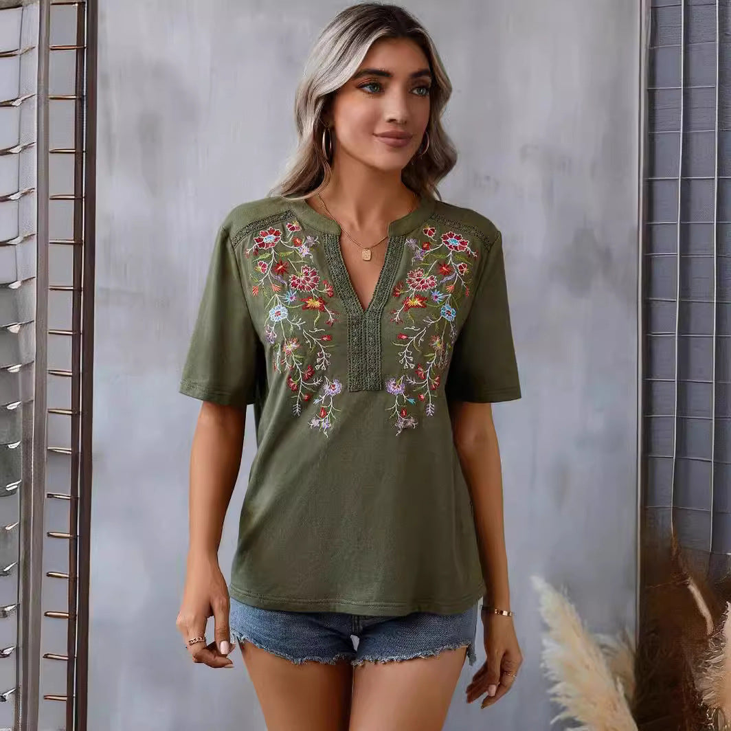 2025 Popular, , New summer new fashion 10,000-needle embroidered splicing lace lace top women's T