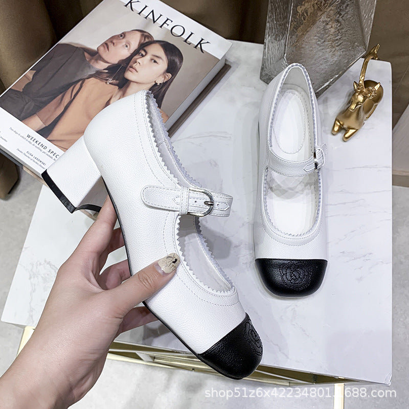 2025 Cowhide version~ High-heeled new Xiaoxiangfeng Mary Jane shoes for women's leather thick heel one-word buckle black and white color matching single shoes for women