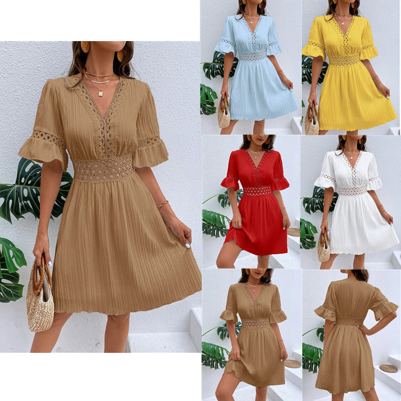 2025 Popular, , New women's clothing summer new splicing lace fashion V-neck waist solid color dress