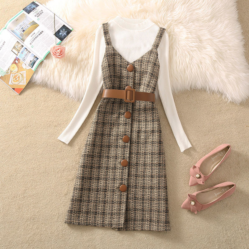 jinran fall trends 2024 outfits Sweater Dress Suit Women's 2024 Autumn and Winter New Retro Woolen Plaid Strap Dress Two-Piece Suit Fashion Women