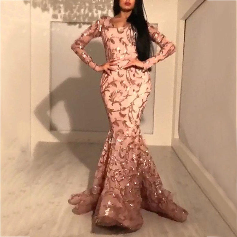 2025 New spring new 2025 women's clothing sexy sequin dress petal slim hip banquet evening dress