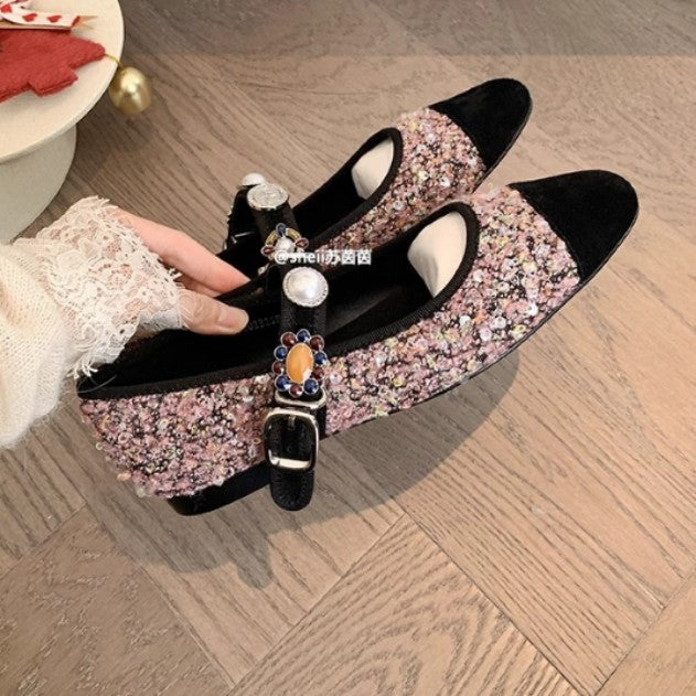 2025 Sheepskin version~ Grape mother with the same small fragrant style splicing square head tweed badge Mary Jane single shoes women's banquet wedding shoes