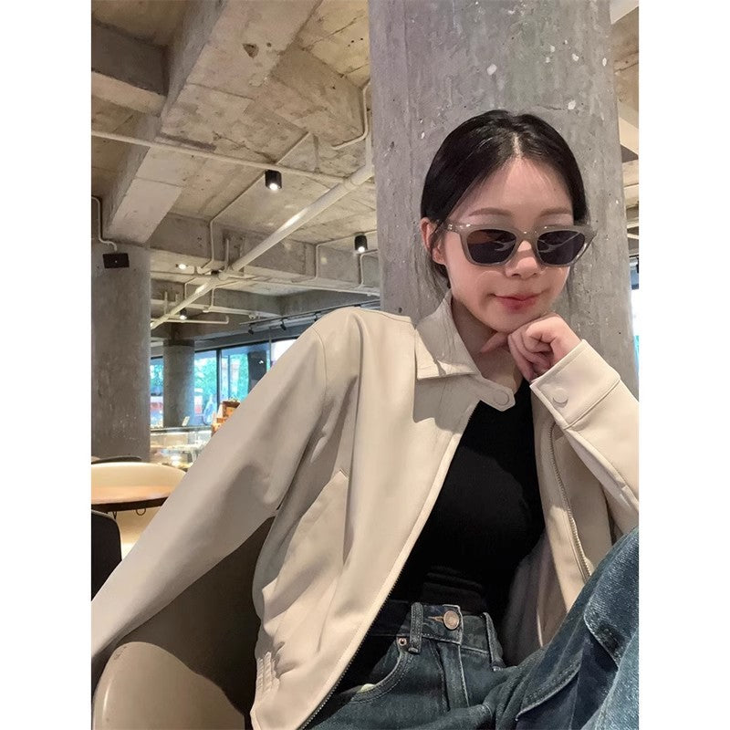 jinran fall inspo outfits Autumn New Retro Loose Western Style High-Grade Zipper Leather Coat Women's Stand Collar Long Sleeve Short Jacket