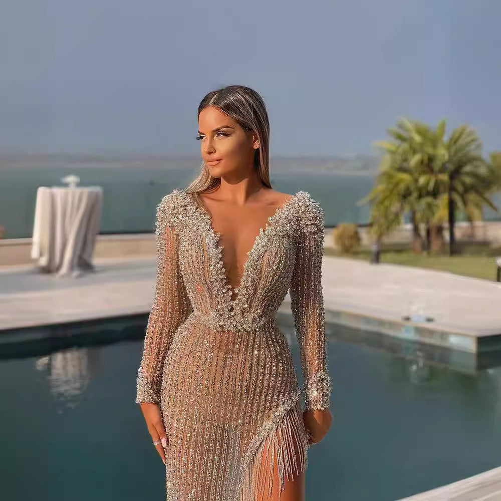 2025 autumn new 2025 Popular trade women's New new bronzing fringed long-sleeved slim-fitting sexy long dress evening dress