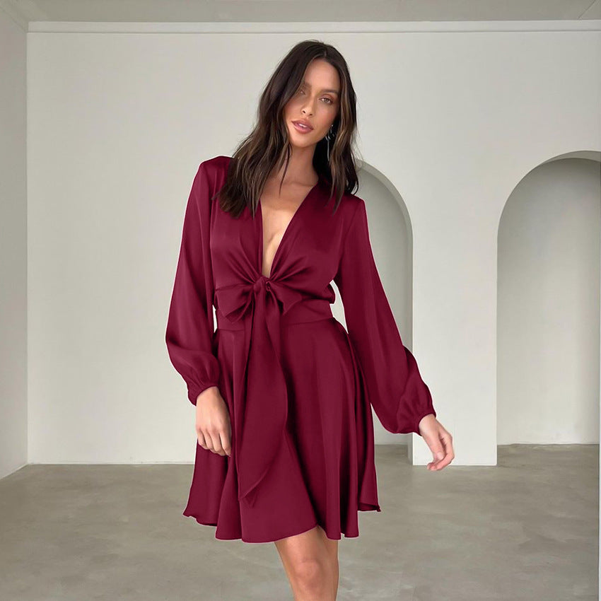 2025 fashion sexy V-neck lantern sleeve satin fabric dress loose long sleeve lace-up short skirt women's solid color
