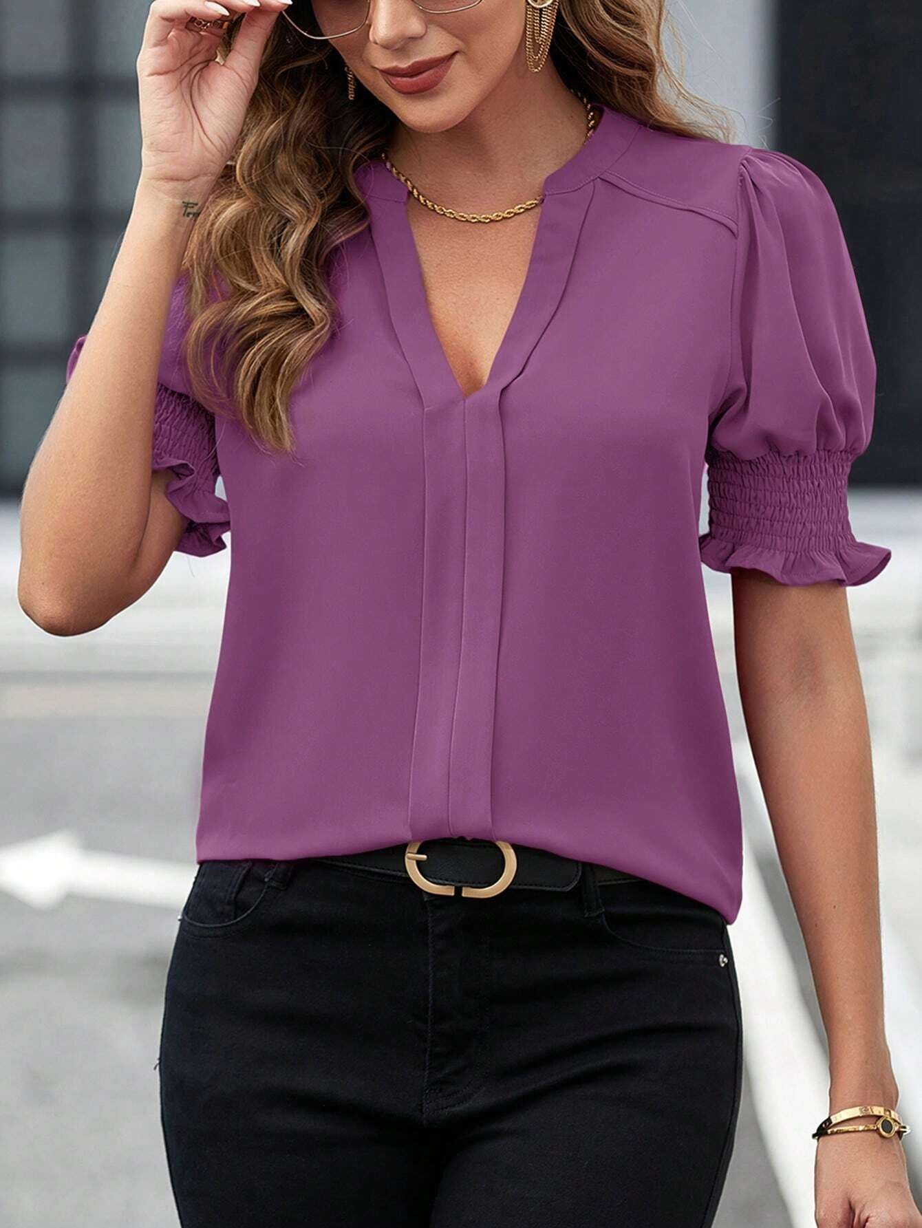 2025 Popular, , New women's clothing summer new V-neck temperament bubble sleeves solid color shirt blouse