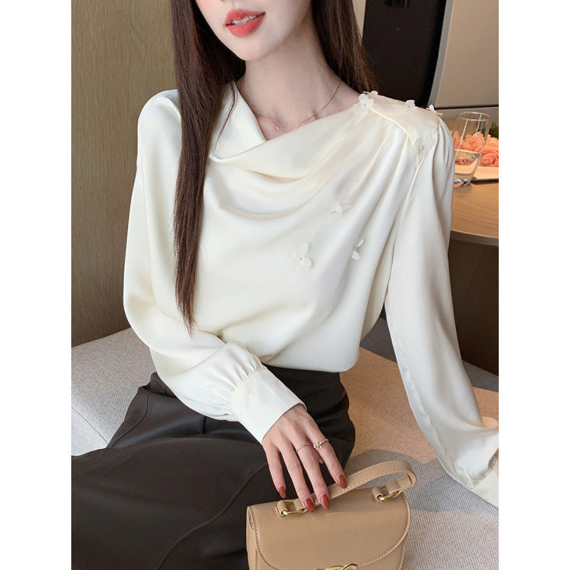 Bead design sense V-neck shirt women's 2025 spring long-sleeved thin professional commuting ol temperament interview top