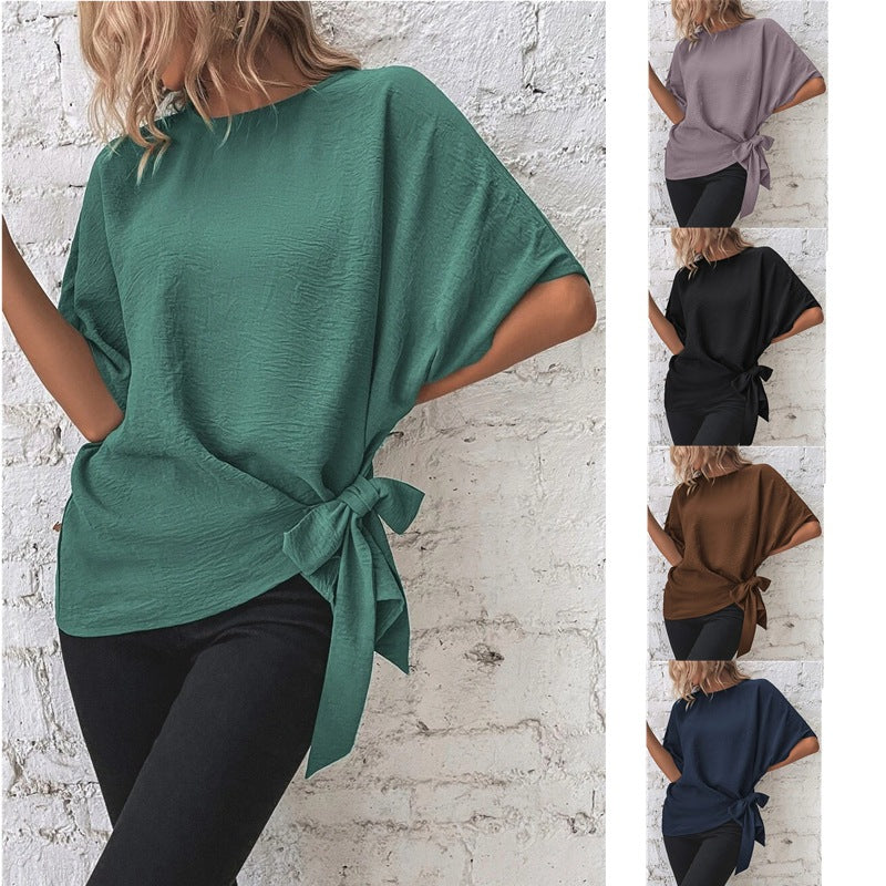 2025 Popular, , New women's clothing summer new solid color bat wing sleeves hem knotted loose t-top