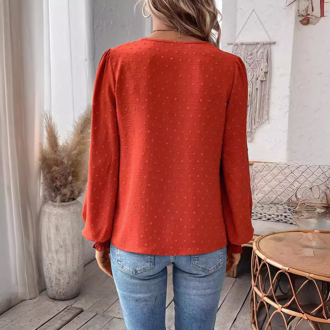 2025 Popular, , New autumn and winter new fashion V-neck lace solid color long-sleeved casual T women's top