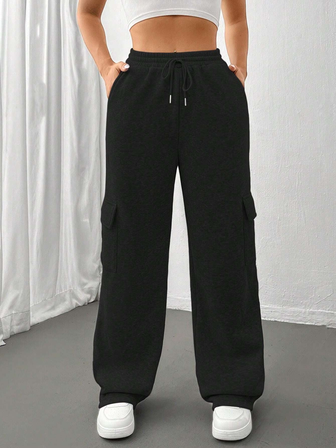 2025 autumn and winter New women's clothing new fashion side purse versatile solid color straight wide-leg sweatpants